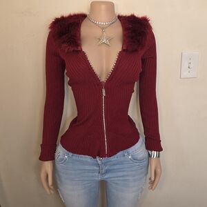 ☆Belldini Burgundy Rhinestone Zip-Up Top with Fur Collar☆
